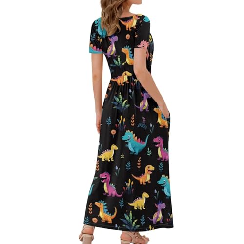 Image of Women's Fall Summer Short Sleeve Ankle Length V-Neck Party Dress with Pockets Size S-3XL