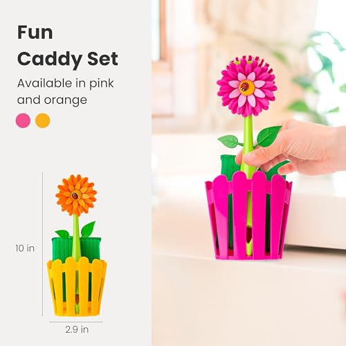 Vigar Flower Power 3-in-1 Kitchen Sink Caddy Set, Flower-Shaped Dish Brush, Sponge, Fence-shaped Holder and Suction Cup, Ideal Sink Organizer, Pink