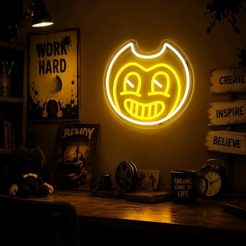 Image of Horror Game Cartoon Bend Neon Sign Yellow White Machine LED Neon Light for Wall Decor, USB Powered Neon for Game Room Man Cave Party, Aesthetic Neon Sign Gift for Teens