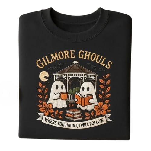 Gilmore Ghouls Embroidered Sweatshirt, Cozy Halloween Ghost Coffee & Book Lover Shirt | Fall Spooky Season Pullover