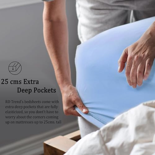 Image of RD TREND Microfiber Satin Weave Fitted Bedsheets for Queen Size Bed 78x60x10 Inch with 2 Pillow Covers-18x28 Inch | 400 TC All Around Elastic | Sky Pearl