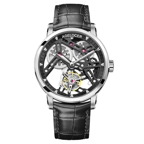 AGELOCER Tourbillon Watches Men, Original Ultra Thin Classic Style, Skeleton Manual Mechanical Watch, Leather Strap Mens Waterproof Dress Watch Gift