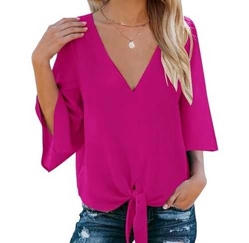 Bluetime Womens Blouses Dressy Casual 3/4 Sleeve V Neck Tie Front Business Casual Wrap Tops Hot Pink M
