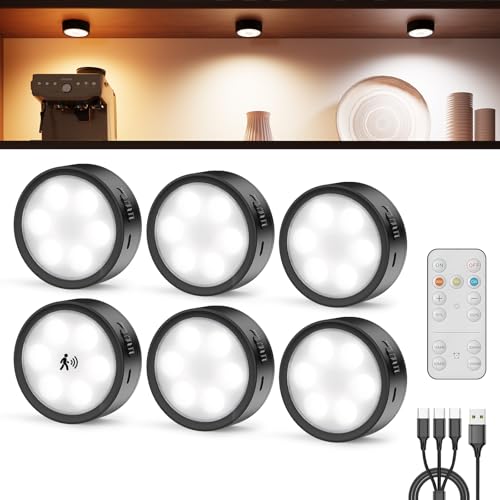 Dimmbar LED Spot mit Akku und Fernbedienung, 2400mAh USB Aufladbar Vitrinenbeleuchtung Kabellos Magnet Unterbauleuchte Küche LED Rund Klebeleuchte Touch Lampe Batterie Schrankbeleuchtung zum Kleben