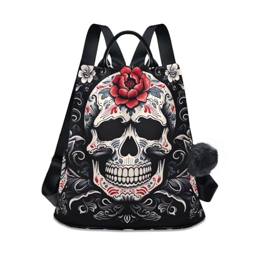 Mochila negra de calavera para mujer con diseño antirrobo y pompón decorativo