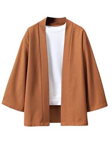 OYOANGLE Men's Japanese Rib Knit Kimono Cardigan Jackets Long Sleeve Open Front Coat Yukata Outwear