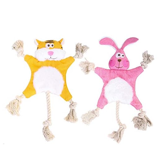NOZOMI 2 piezas Juguete para Perros Arrugados Sin Relleno, Juguetes para Perros Chirriantes Peluches con Cuerda de Algodón para Cachorros de Perros Pequeños (Tigre y Conejo)