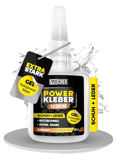 PROCREA Powerkleber Schuh & Leder extra stark [mit Anti-Austrocknungs-Spitze] Transparenter Schuhkleber und Lederkleber für die universelle Reparatur - Alleskleber und Superkleber - Made In Germany