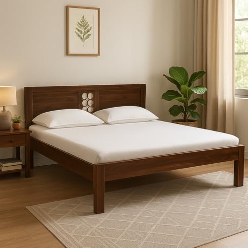 Image of EXCEL International Jiksa Design Solid Sheesham (Rose) Wood Queen Size Bed Without Storage | Wooden Double Bed | Rosewood, with Provincial Teak Finish - Elegant, Durable & Spacious