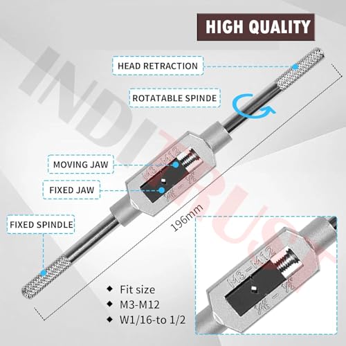 Inditrust 8PCS Tap Wrench Set Thread Metric Plug Tap Tap Drill Bits Set M3 M4 M5 M6 M8 M10 M12 Adjustable Tap 1/8-1/2"