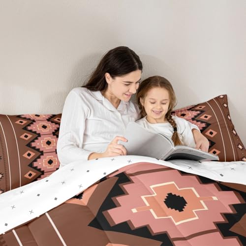 Image of Feelyou Boho Aztec Comforter Set All Season West Bedding Set with 1 Pillow Cases Brown Pink Microfiber Kids Twin Bedclothes Western Bedroom Decor Duvet Quilt Breathable Soft Lightweight