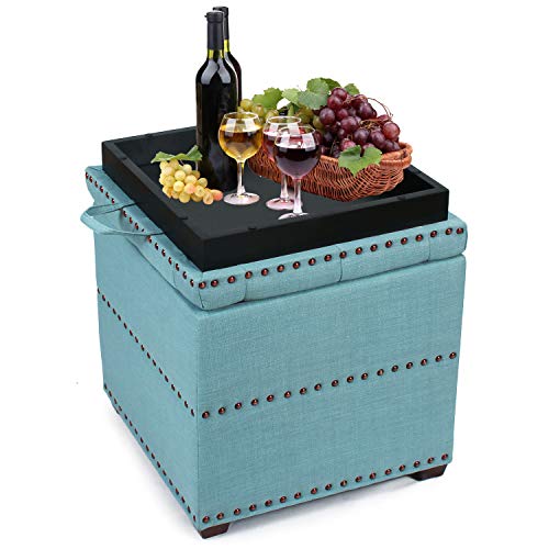 Adeco Eruo Style Fabric Arm Bench Chair Footstool Cubic, Wood Legs, Lid Storage, Nailhead Trim Ottomans, Blue #TOP6