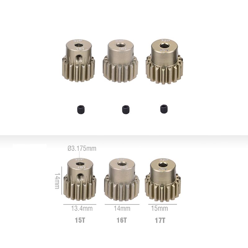 3pcs Set 32P Pinion Gear Assortment (12T to 20T) with Hex Key,Aluminum Alloy for 1/10 RC Car/Truck, 3.175mm Shaft Motor Gear (15T-16T-17T)