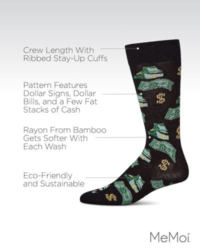 MeMoi Money Bags Cash Print Men's Socks, Rayon Blend Mens Crew Socks, Environmentally Friendly Fabric - Sizes 10-13, Black, 10-133