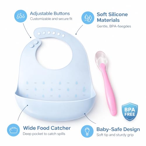Image of BABYROSE Silicone Baby Bib with Wide Food Catcher Pocket and Soft Tip Spoon, Adjustable Buttons, BPA Free, Waterproof, Blue and Pink, 2 Piece Set for Infants and Toddlers