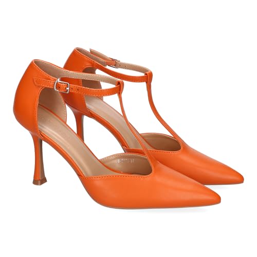 90612 Zapatos de Tacon Fino para Mujer, Elegantes, Punta Fina, Diseno Moderno con Tira en el Empeine y Cierre de Hebilla, Ideales para Eventos. Naranja Talla 36