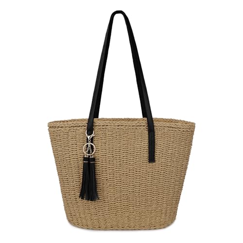 Image of Womens Large Straw Tote Bag Handmade Woven Shoulder Handbag Summer Beach Purse with Tassel