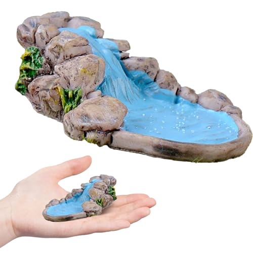 SMELEYOU Mini Estanque Resina Realista Mini Cascada fluyendo Agua y Piedra Micro Paisaje Escena Vintage Adorno Accesorio de jardín de Hadas al Aire Libre