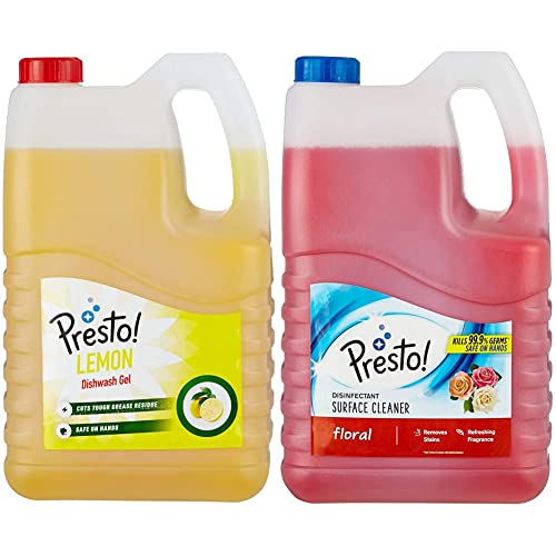 Image of Amazon Brand - Presto! Dishwash Gel - 5 L (Lemon) & Amazon Brand - Presto! Disinfectant Surface Cleaner - 5 L (Floral)