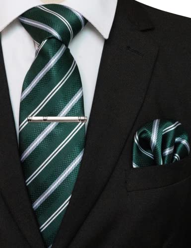 Image of RBOCOTT Silk Stripe Plaid Tie and Pocket Square with Tie Clip Sets for Men