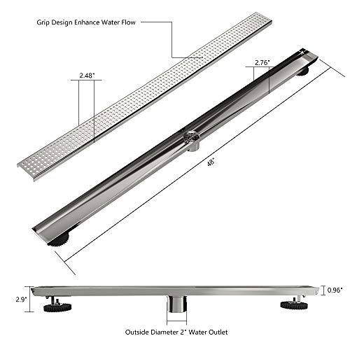 USHOWER 48-Inch Square Pattern Grate Linear Shower Drain, 304 Stainless Steel Brushed Nickel Shower Floor Drain, Includes Drain Flange Kit.