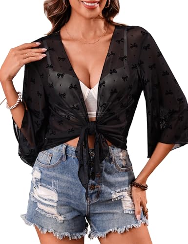 Image of Totatuit Women's Short Cardigan Bolero Sheer Shrug Tie Open Front Bell Sleeve Summer Cropped Bolero Cardigan