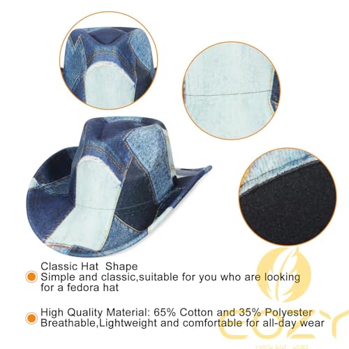 Image of Tie Dye Denim Patchwork Cowboy Hat for Women Men Western Wide Brim Costume Party Hat