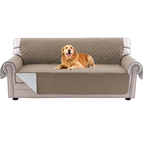 PrinceDeco Couch Cover for Dogs Washable Reversible Couch Covers for 3 Cushion Couch Sofa Pet Friendly Water Resistant Furniture Protector with Elastic Straps(Sofa 66", Taupe)