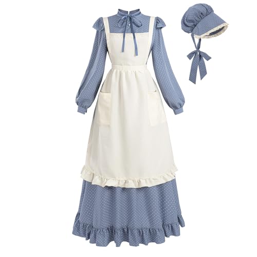 LTAKK Prairie Dresses Women Pioneer Colonial Costume, Blue Dot, Medium