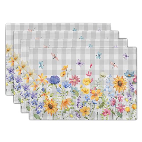 Giwawa Spring Floral Placemats, 12"x18" Summer Flowers Grey Checkered Linen Table Mats Set of 4, Watercolor Wildflower Butterfly Washable Heat Resistance for Seasonal Kitchen Dining Decor