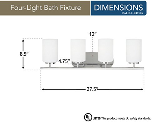 Image of Generation Lighting 41163-05 Oslo Four - Light Wall /Bath Vanity Style Fixture, Chrome, 100 Total Watts, 8.5 Inch Height, 28 Inch Wide, Steel Construction, Cased Opal Etched Glass Shades
