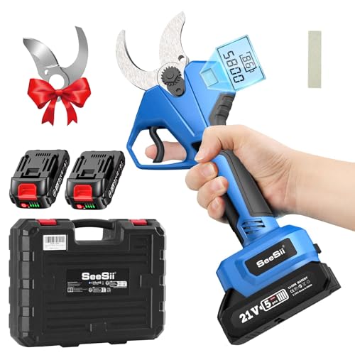 SEESII Tijeras de Podar Eléctricas 40mm, Podadora para Jardín, Cuchillas de Acero SK5, Motor sin Escobillas, 2 Baterías de 2000mAh, Pantalla LCD, Corte Preciso, BLX-125