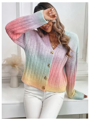 Image of MakeMeChic Women's Colorful Chunky Cropped Cardigans Button Down Long Sleeve Drop Shoulder Rainbow Sweater Multicolor a Small