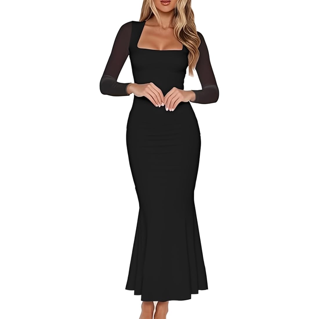Bcenoilua Women's Black Formal Party Dresses Sexy Long Sleeve Mesh Ruched Bodycon Maxi Dress Elegant Square Neck Mermaid Long Dress Vintage Casual Wedding Guest Cocktail Dresses