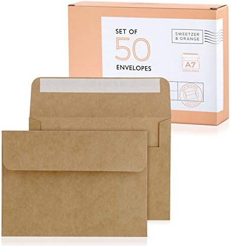 Sweetzer & Orange, Kraft Envelopes Self Seal. 50x Envelope with Box. Mailing Envelopes 5x7 (True 5.25 x 7.25 in.) Brown 150gsm Self Sealing Envelopes, Blank A7 Envelopes for Invitations and Wedding