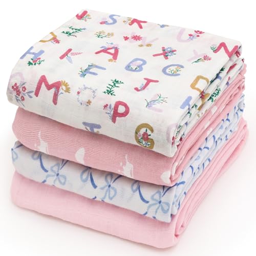 Image of david's kids 4 Pack Baby Muslin Swaddle Blankets, 100% Cotton and Ultra Soft Breathable Receiving Blanket Wrap for Girls, New Born Essentials, Large 47 x 47 inches, Letters