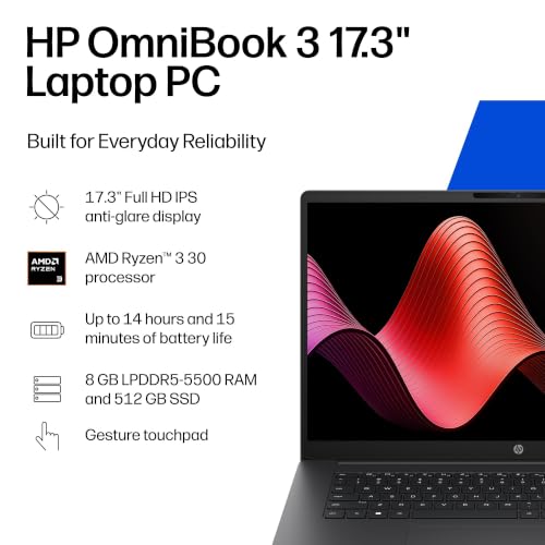 Image of HP OmniBook 3 17.3 inch Laptop PC, AMD Ryzen 3 30, 8 GB RAM, 512 GB SSD, Windows 11 + Microsoft 365 Personal 12-Month Subscription Bundle