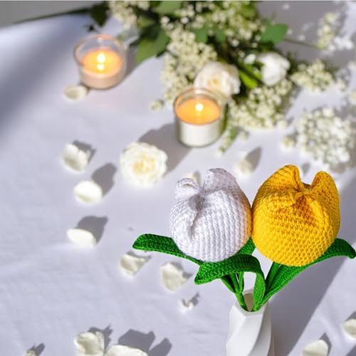Image of Tulip Crochet Flowers | Handcrafted Artificial Faux Woolen Flower with Long Stem | Natural Looking Knitted Flower for Home, Living Room, Vase & Bouquet Decoration & Gifting | White & Yellow