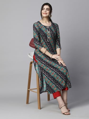 Image of GoSriKi Women's Cotton Blend Straight Printed Kurta with Pant Set