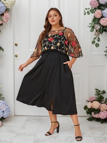 ZNU Women Plus Size Formal Party Wedding Guest Cocktail Dress 2025 - Floral Embroidered Shawl Evening Dress with Pockets3