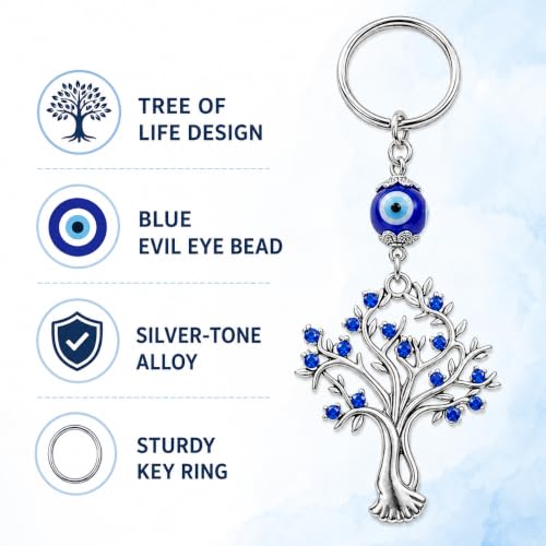 Image of Tree Shape Pendant with Blue Evil Eye Keychain Crystal alloy Keyring for Diwali Gift item for Men and Women