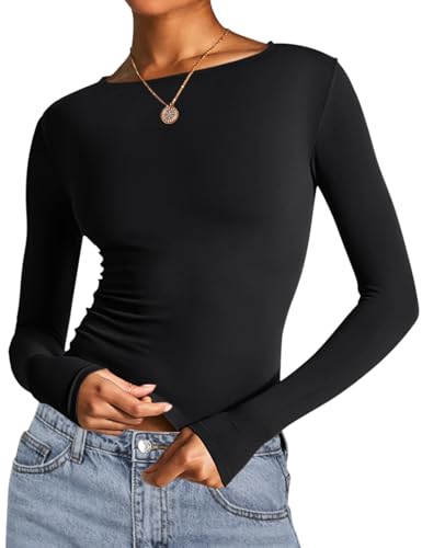 Image of AKEWEI Long Sleeve Crop Tops for Women 2 Pack Fall Going Out Outfits Cute Tight Basic Tees Shirt