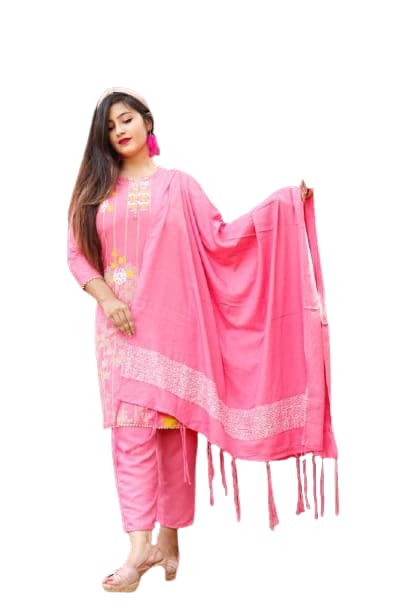 GenericWomen's Rayon Floral Printed Straight Kurti With Pant And Dupatta Set (Pink)