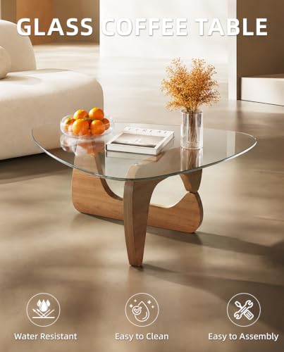 telkener Mid Century Modern Coffee Table, Center Table for Living Room, Offices, Triangle Tempered Glass Top and Solid Wood Base, Easy Assembly, Walnut, 44.8" x 32.2" x 16.1" — view 4