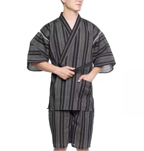 ZEALMAX Kimono Japanese Jinbei Shirt Pant Cotton Linen Loungewear Spa Bathrobe Casual Clothing for Home Vacation, Black with White Line