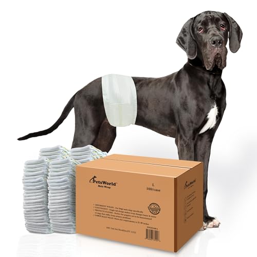 Image of PetsWorld Dog Diapers Male Large 100 Count Disposable Male Dog Wraps - Super Absorbent Belly Bands with Wetness Indicator, Fur-Friendly Adjustable Fit for Incontinence & Training (Waist 21-30 in)