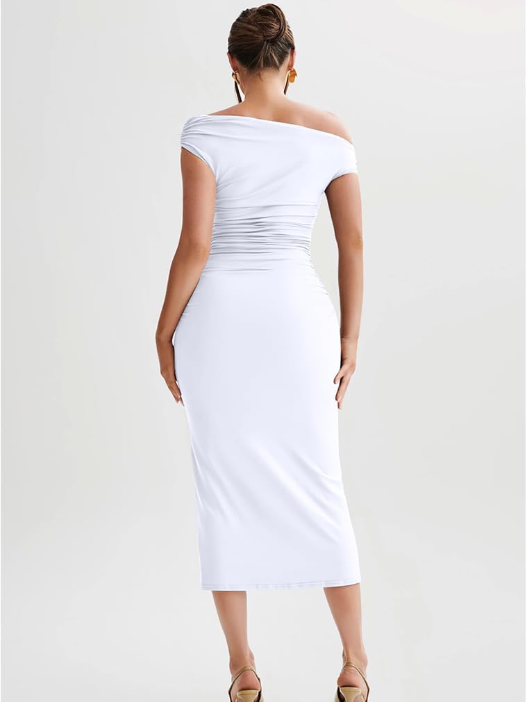 LAGSHIAN Women's Elegant One Shoulder Sleeveless Bodycon Ruched Party Cocktail Formal Midi Dress - Image 5