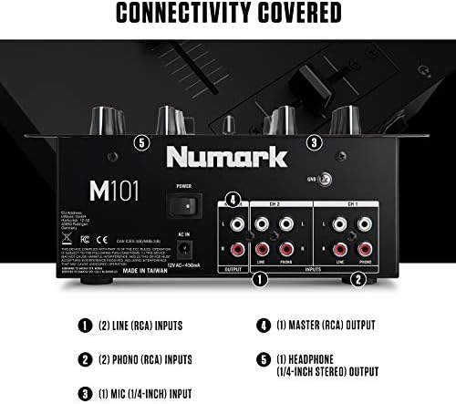 Numark M101-2-kanałowy mikser DJ, stojak montowany z 2-pasmowym EQ, wejście mikrofonu i wymiennym Crossfader