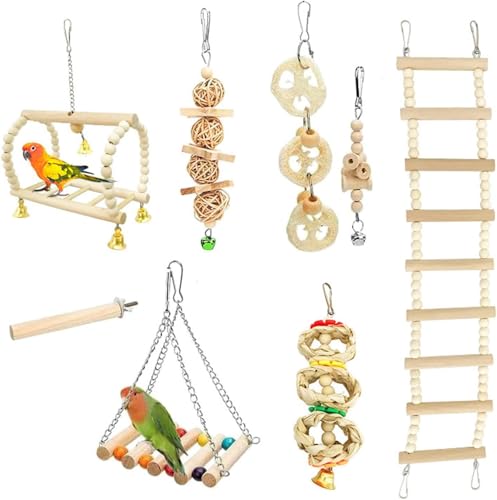 Eulihent 8 Piezas Juguetes para Loros, Juguetes Colgantes para Jaula con Campanas, Columpios, Hamaca, Escalera y Juguetes de Masticación para Periquitos, Cacatúas, Agapornis y Aves Medianas