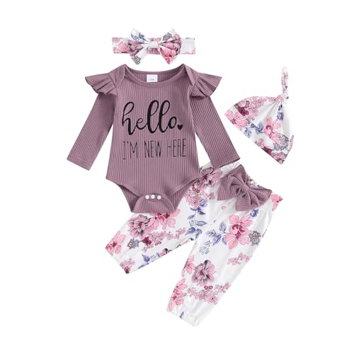 Image of Hello World Newborn Outfit Baby Girl Going Home Outfit Ruffle Ribbed Romper Top Floral Pants Set Cute Summer Clothes